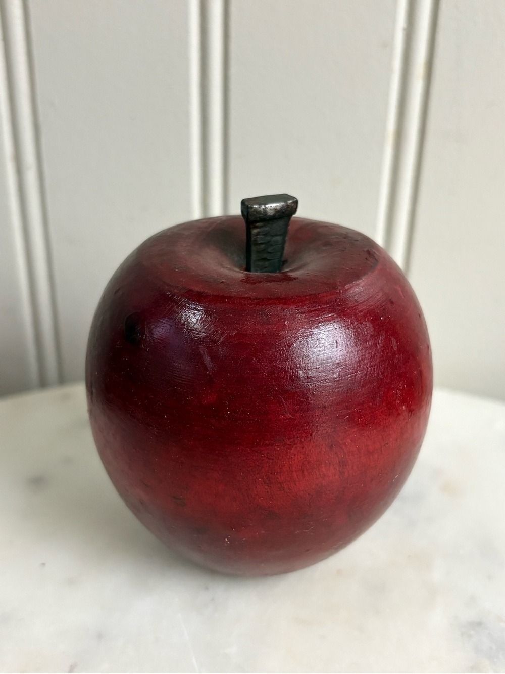 Vintage Turned Wooden Red Apple Square Nail Head Stem Handmade VTG Teacher Gift